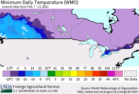 Canada Minimum Daily Temperature (WMO) Thematic Map For 2/7/2022 - 2/13/2022