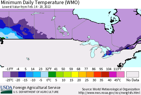 Canada Minimum Daily Temperature (WMO) Thematic Map For 2/14/2022 - 2/20/2022