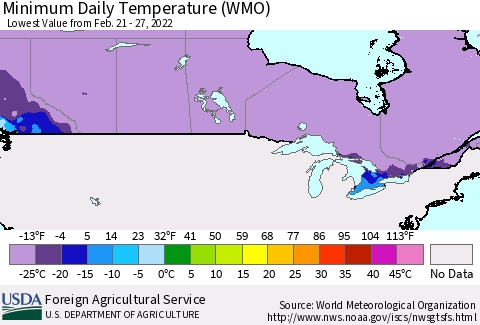 Canada Minimum Daily Temperature (WMO) Thematic Map For 2/21/2022 - 2/27/2022