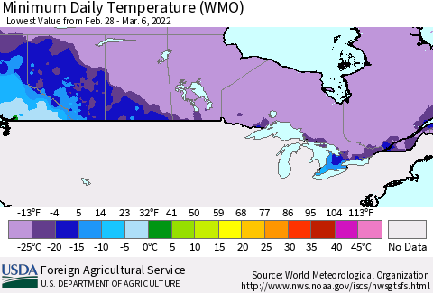 Canada Minimum Daily Temperature (WMO) Thematic Map For 2/28/2022 - 3/6/2022