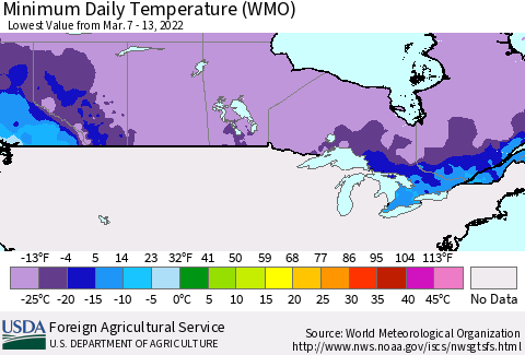 Canada Minimum Daily Temperature (WMO) Thematic Map For 3/7/2022 - 3/13/2022