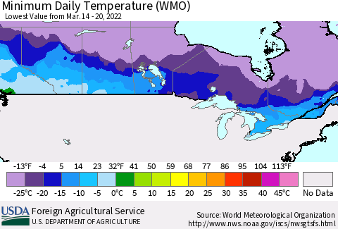 Canada Minimum Daily Temperature (WMO) Thematic Map For 3/14/2022 - 3/20/2022