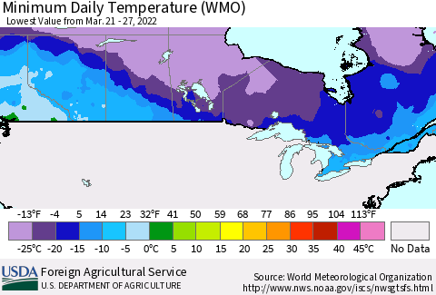 Canada Minimum Daily Temperature (WMO) Thematic Map For 3/21/2022 - 3/27/2022