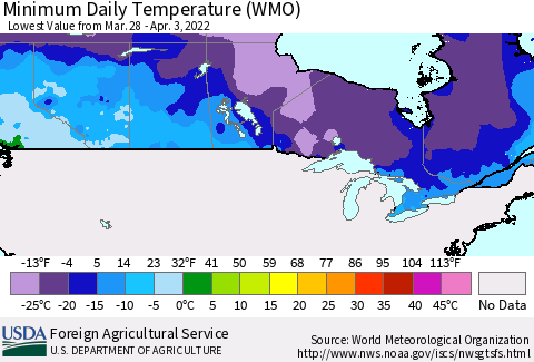 Canada Minimum Daily Temperature (WMO) Thematic Map For 3/28/2022 - 4/3/2022