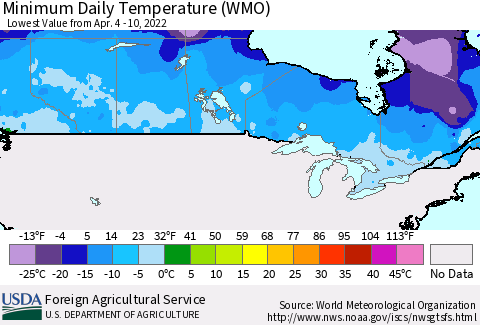 Canada Minimum Daily Temperature (WMO) Thematic Map For 4/4/2022 - 4/10/2022
