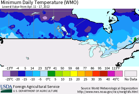 Canada Minimum Daily Temperature (WMO) Thematic Map For 4/11/2022 - 4/17/2022