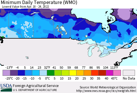 Canada Minimum Daily Temperature (WMO) Thematic Map For 4/18/2022 - 4/24/2022
