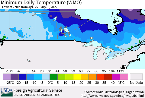 Canada Minimum Daily Temperature (WMO) Thematic Map For 4/25/2022 - 5/1/2022