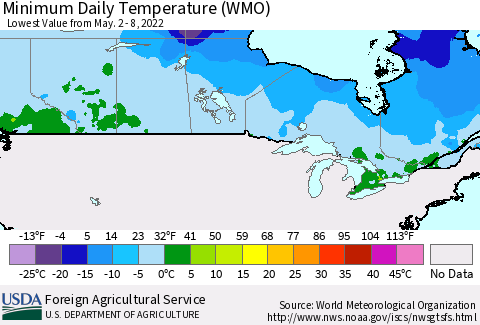 Canada Minimum Daily Temperature (WMO) Thematic Map For 5/2/2022 - 5/8/2022