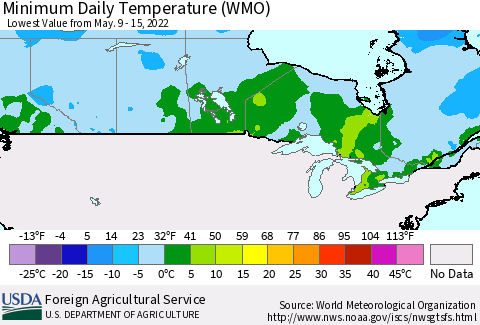 Canada Minimum Daily Temperature (WMO) Thematic Map For 5/9/2022 - 5/15/2022