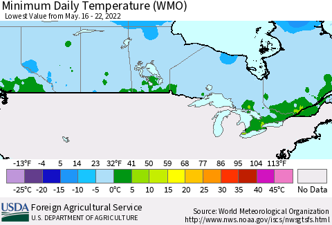 Canada Minimum Daily Temperature (WMO) Thematic Map For 5/16/2022 - 5/22/2022