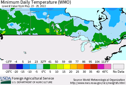 Canada Minimum Daily Temperature (WMO) Thematic Map For 5/23/2022 - 5/29/2022