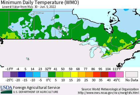 Canada Minimum Daily Temperature (WMO) Thematic Map For 5/30/2022 - 6/5/2022