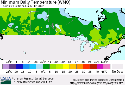 Canada Minimum Daily Temperature (WMO) Thematic Map For 6/6/2022 - 6/12/2022