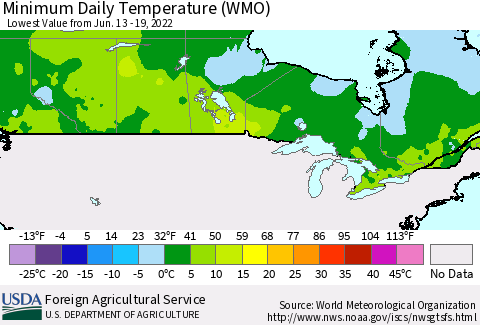 Canada Minimum Daily Temperature (WMO) Thematic Map For 6/13/2022 - 6/19/2022