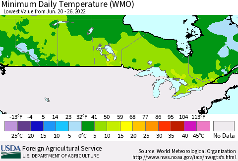 Canada Minimum Daily Temperature (WMO) Thematic Map For 6/20/2022 - 6/26/2022