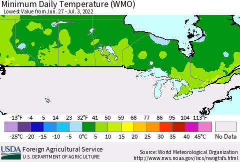 Canada Minimum Daily Temperature (WMO) Thematic Map For 6/27/2022 - 7/3/2022