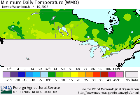 Canada Minimum Daily Temperature (WMO) Thematic Map For 7/4/2022 - 7/10/2022