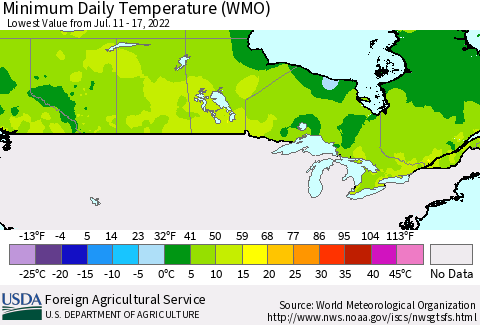 Canada Minimum Daily Temperature (WMO) Thematic Map For 7/11/2022 - 7/17/2022
