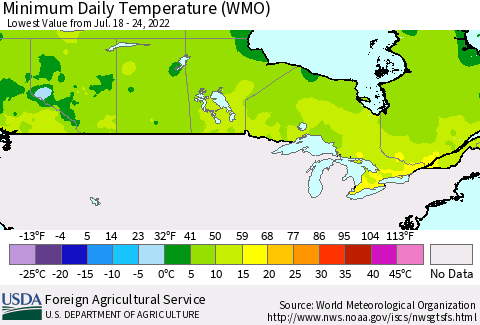 Canada Minimum Daily Temperature (WMO) Thematic Map For 7/18/2022 - 7/24/2022