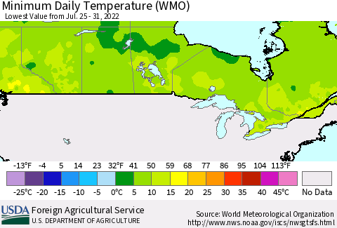Canada Minimum Daily Temperature (WMO) Thematic Map For 7/25/2022 - 7/31/2022