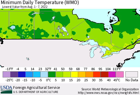 Canada Minimum Daily Temperature (WMO) Thematic Map For 8/1/2022 - 8/7/2022