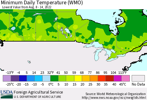 Canada Minimum Daily Temperature (WMO) Thematic Map For 8/8/2022 - 8/14/2022