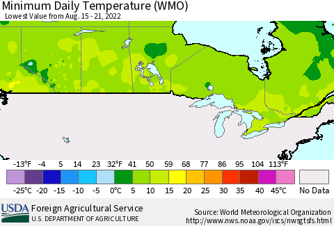 Canada Minimum Daily Temperature (WMO) Thematic Map For 8/15/2022 - 8/21/2022