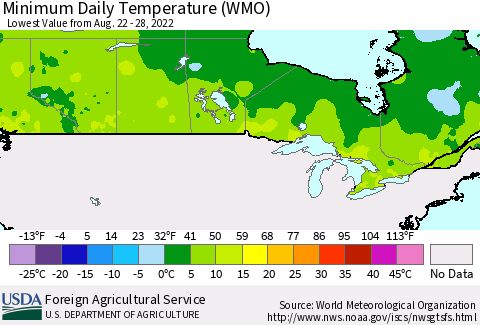 Canada Minimum Daily Temperature (WMO) Thematic Map For 8/22/2022 - 8/28/2022