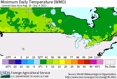 Canada Minimum Daily Temperature (WMO) Thematic Map For 8/29/2022 - 9/4/2022