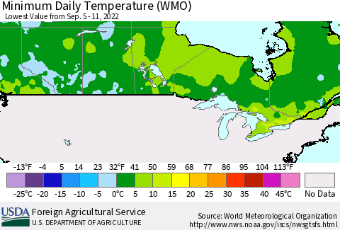 Canada Minimum Daily Temperature (WMO) Thematic Map For 9/5/2022 - 9/11/2022