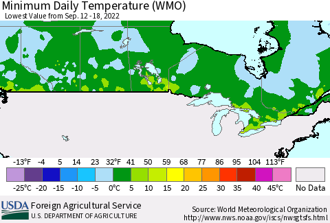 Canada Minimum Daily Temperature (WMO) Thematic Map For 9/12/2022 - 9/18/2022