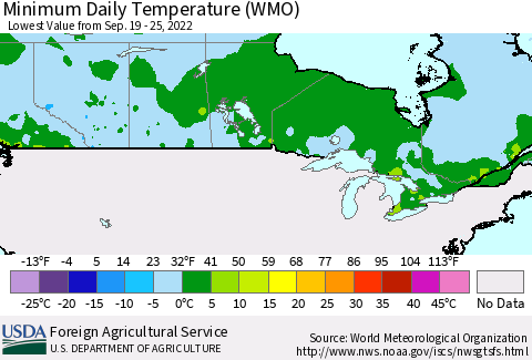 Canada Minimum Daily Temperature (WMO) Thematic Map For 9/19/2022 - 9/25/2022