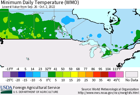 Canada Minimum Daily Temperature (WMO) Thematic Map For 9/26/2022 - 10/2/2022