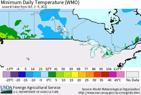 Canada Minimum Daily Temperature (WMO) Thematic Map For 10/3/2022 - 10/9/2022