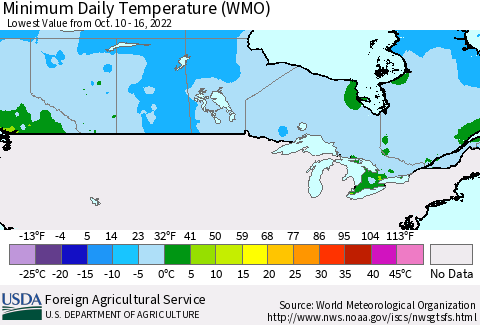 Canada Minimum Daily Temperature (WMO) Thematic Map For 10/10/2022 - 10/16/2022