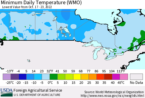 Canada Minimum Daily Temperature (WMO) Thematic Map For 10/17/2022 - 10/23/2022