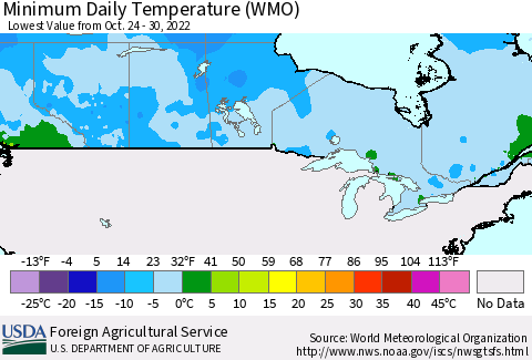 Canada Minimum Daily Temperature (WMO) Thematic Map For 10/24/2022 - 10/30/2022