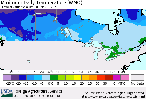 Canada Minimum Daily Temperature (WMO) Thematic Map For 10/31/2022 - 11/6/2022