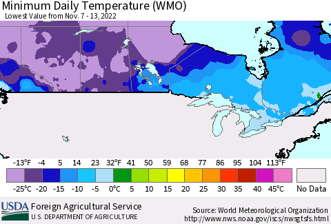 Canada Minimum Daily Temperature (WMO) Thematic Map For 11/7/2022 - 11/13/2022