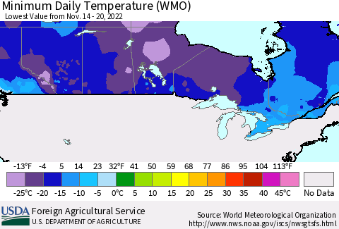 Canada Minimum Daily Temperature (WMO) Thematic Map For 11/14/2022 - 11/20/2022