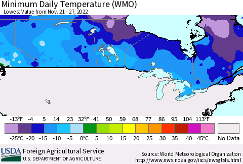 Canada Minimum Daily Temperature (WMO) Thematic Map For 11/21/2022 - 11/27/2022