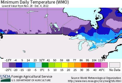 Canada Minimum Daily Temperature (WMO) Thematic Map For 11/28/2022 - 12/4/2022
