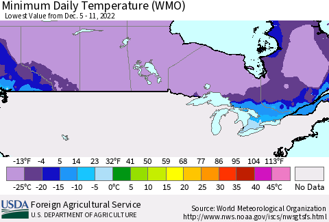 Canada Minimum Daily Temperature (WMO) Thematic Map For 12/5/2022 - 12/11/2022