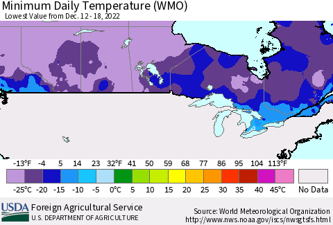 Canada Minimum Daily Temperature (WMO) Thematic Map For 12/12/2022 - 12/18/2022