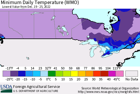 Canada Minimum Daily Temperature (WMO) Thematic Map For 12/19/2022 - 12/25/2022