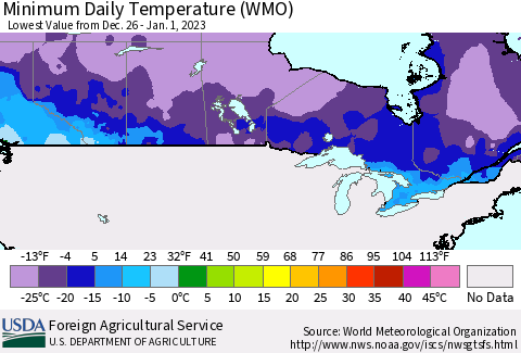 Canada Minimum Daily Temperature (WMO) Thematic Map For 12/26/2022 - 1/1/2023