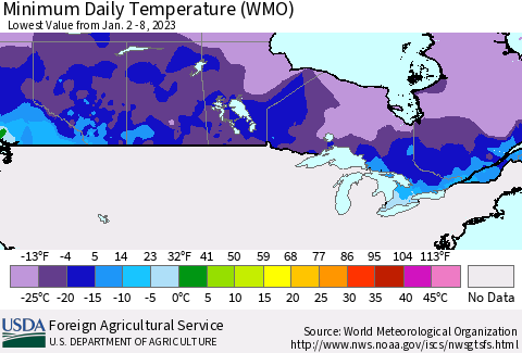 Canada Minimum Daily Temperature (WMO) Thematic Map For 1/2/2023 - 1/8/2023
