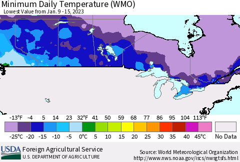 Canada Minimum Daily Temperature (WMO) Thematic Map For 1/9/2023 - 1/15/2023