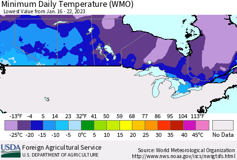 Canada Minimum Daily Temperature (WMO) Thematic Map For 1/16/2023 - 1/22/2023